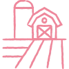 crayon-inspired icon of a barn, silo, and field (pink lines)