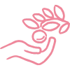 crayon-inspired icon of a hand picking a blueberry (pink lines)