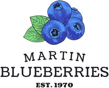 Martin Blueberries logo (vintage-inspired illustration of a cluster of blueberries with two green leaves, "Martin Blueberries" text is stacked below in all caps in a serif font)