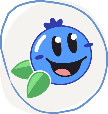image of the Martin Blueberries mascot, Martin, sitting on an organic grey shape with a light blue organic line shape overlaying it